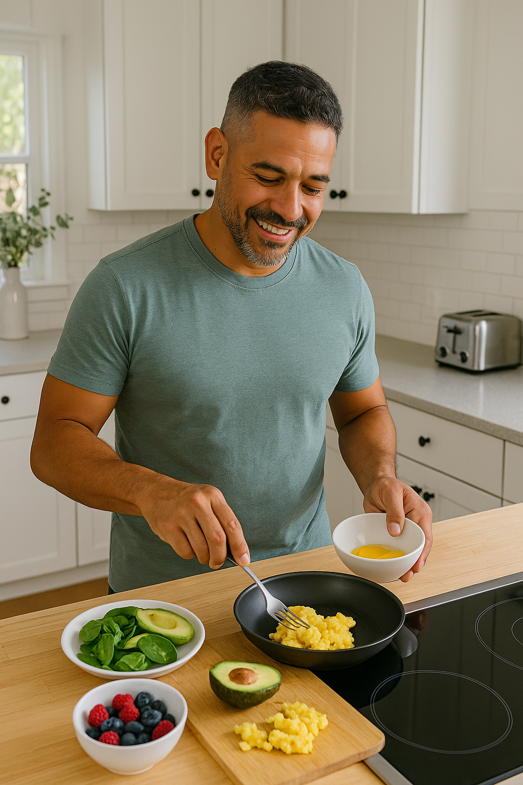Healthy middle-aged man cooking a nutritious breakfast in kitchen
