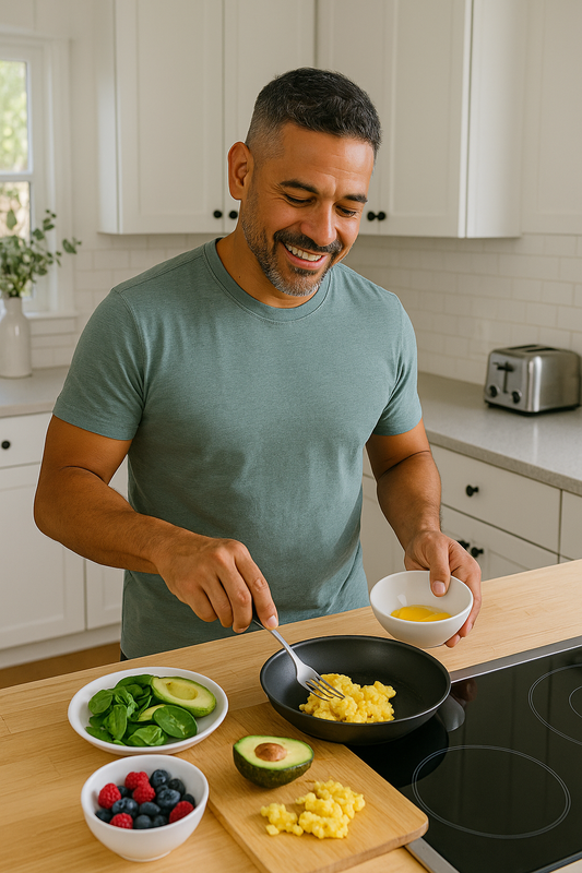 Healthy middle-aged man cooking a nutritious breakfast in kitchen
