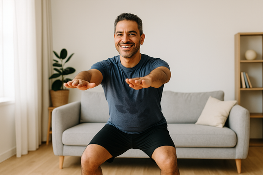 A fit, energetic Puerto Rican man in his early-to-mid 40s wearing workout gear, standing in a bright living room, mid-stretch or mid-squat, smiling confidently.