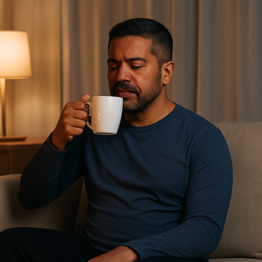 fit, middle-aged Puerto Rican man sits peacefully in a softly lit room during the evening, holding a warm mug and unwinding from the day. The setting includes calming tones and a cozy atmosphere, reflecting a relaxing nighttime routine for men over 40.