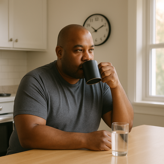 Middle-aged man practicing intermittent fasting with coffee and a clock nearby”