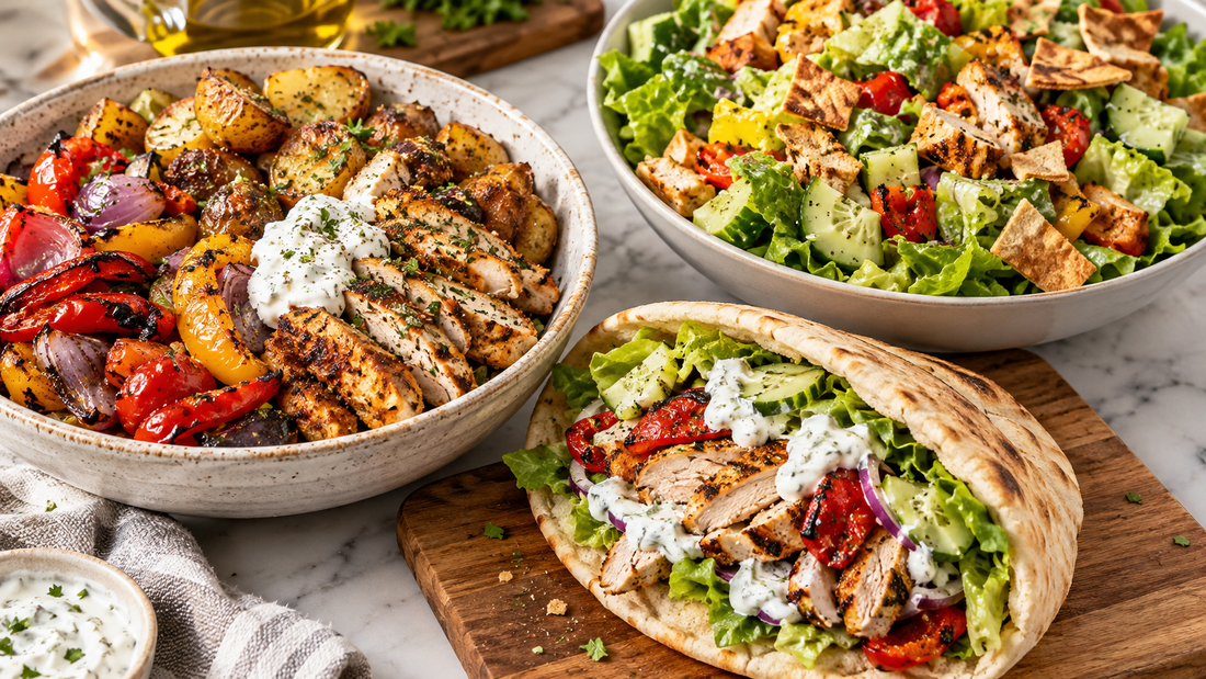 Three work lunches made from shared ingredients: chicken and potato bowl, chicken pita, and chopped chicken salad.