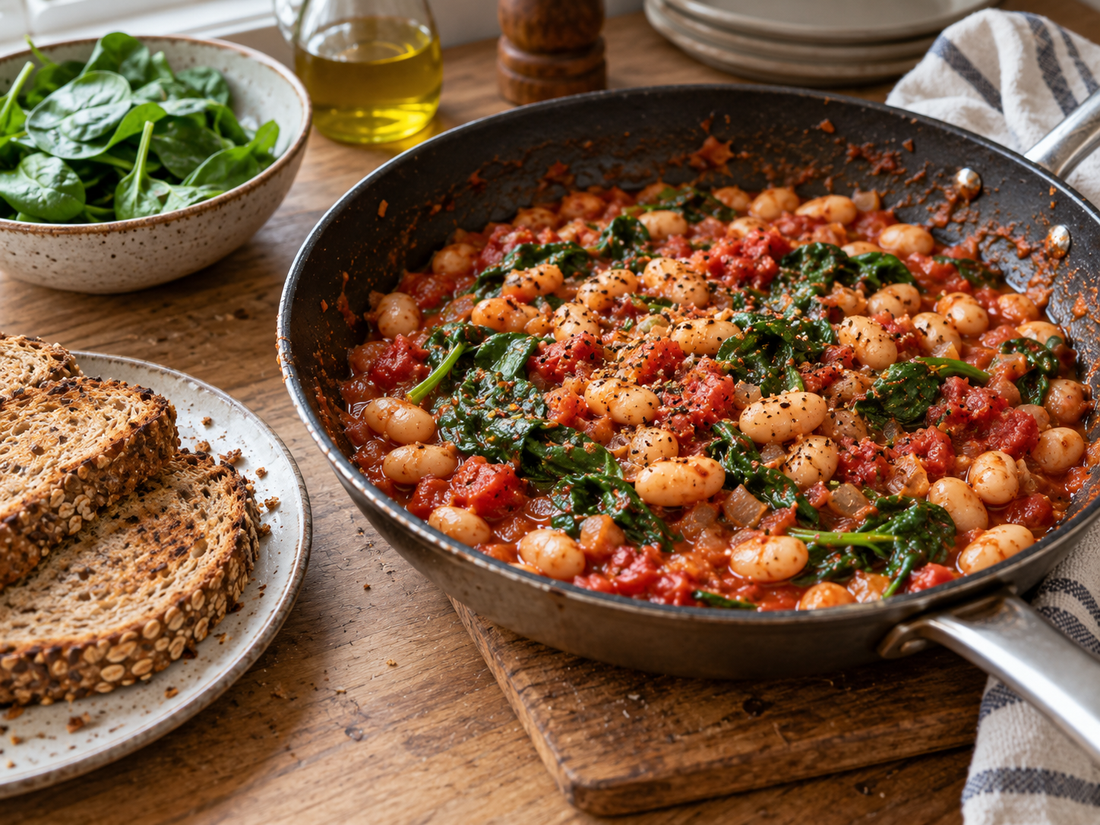 White beans, diced tomatoes and wilted spinach in a skillet, with whole-grain toast alongside.