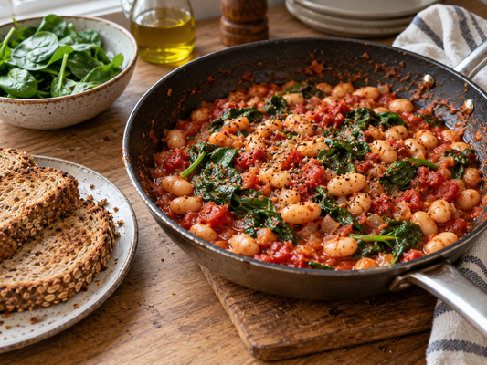 White beans, diced tomatoes and wilted spinach in a skillet, with whole-grain toast alongside.